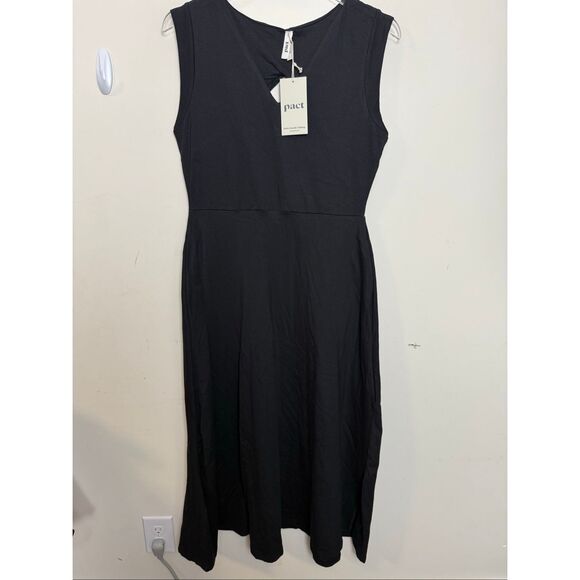 Pact Black Organic Cotton Stretch Fit & Flare Cap Sleeve Midi Dress Large NWT - Picture 1 of 4